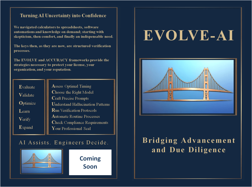 EVOLVE-AI

Artificial intelligence is transforming engineering, but professional responsibility has not changed.

Your license, your seal, your organization’s reputation, and the public trust still depend on sound judgment, structured verification, and accountable decision-making.

EVOLVE-AI gives Licensed Professional Engineers a disciplined framework for adopting AI with confidence. 
Built around the EVOLVE and ACCURACY frameworks, it provides practical guidance for choosing the right tools, crafting precise prompts, recognizing hallucination risks, running verification protocols, supporting compliance, and maintaining proper human oversight.

Engineering has adapted to every major technology shift through structured verification. AI is no different.
